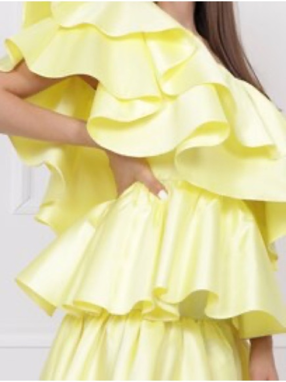 ASOS LUXE satin ruffle off shoulder mini dress in lemon-Yellow - Picture 2 of 7